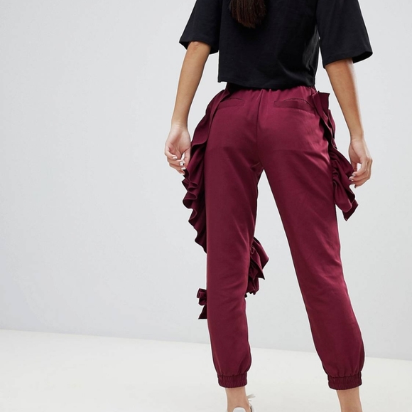 ASOS Design Ruffle Sweatpants in Burgundy Women's Us Size 4 NWT - Picture 7 of 16